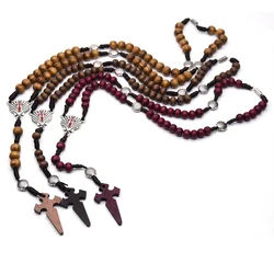 Christian Cross Pendant Crucifix Religious Rosaries Church Supplies Natural Wood Crosses Necklaces Hand-knitted Black Necklace