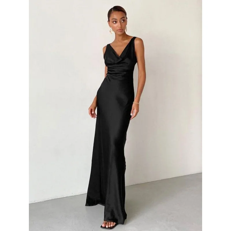 

Spring Black Swing Collar Sheath Dress Long Dress Banquet Elegant Satin High Waist Strap Dress Women's Wholesale Fengsb