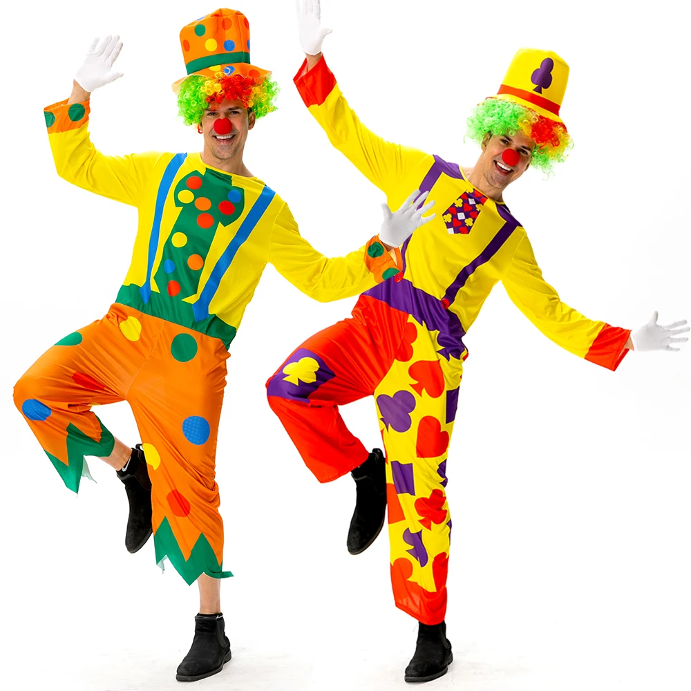 

Цирковые забавные костюмы клоуна, шляпа, накладной нос, цветной парик, комбинезон, стильный вечерние костюм для косплея, развлекательная одежда, одежда