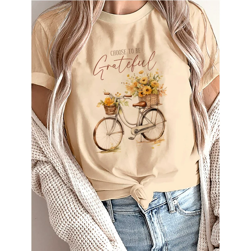 

Choose To Be Grateful Floral Bike Printed T Shirt Women's Short Sleeve T-Shirt Clothing Gothic Graphic All Seasons Tees Tops