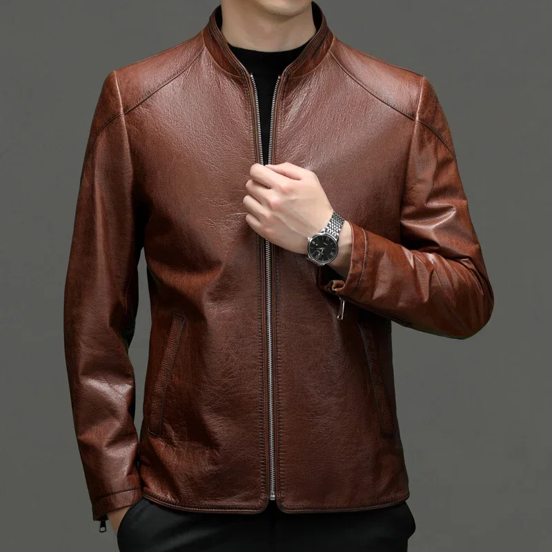 Autumn and Winter New Men's Business Slimming Trend Italian Style Fashion Solid Color Casual Dermis Leather Jacket Cowhide Coat