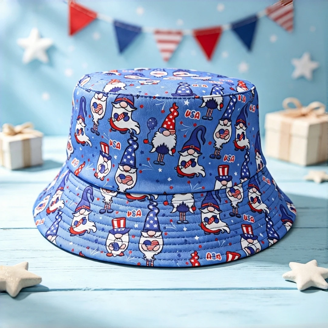 Blue American patriotic fairy print bucket hat, suitable for both men and women. It is suitable for Independence Day, outdoor fi
