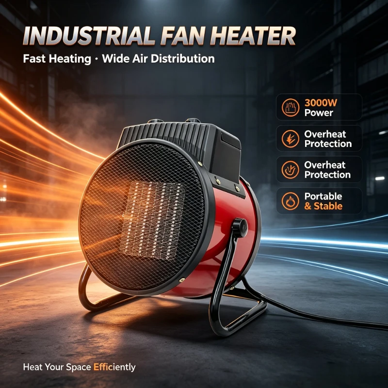 3000W Portable Electric Space Heater Adjustable Thermostat 2 Heat Settings Fan Mode Tip-Over Protection for Home Use