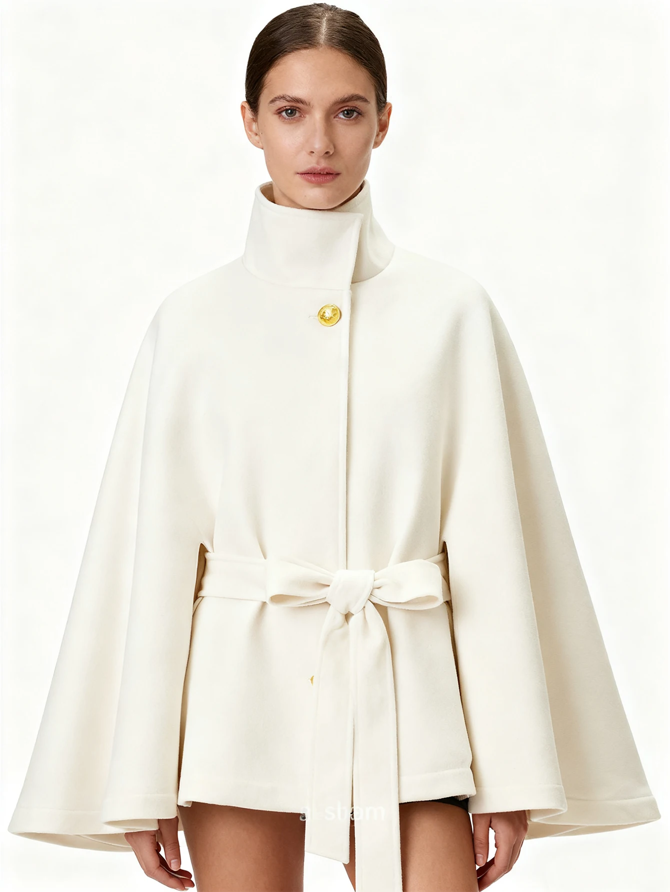 

New European and American style cape for autumn and winter, standing collar, flared sleeves, waist cinched, lace up woolen coat