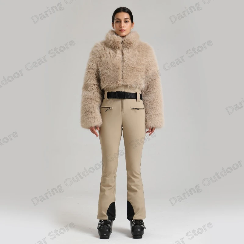 Women's One-Piece Ski Suit Faux Fur Trim Warm Thicken Slim Fit Windproof Alpine Skiing Suit