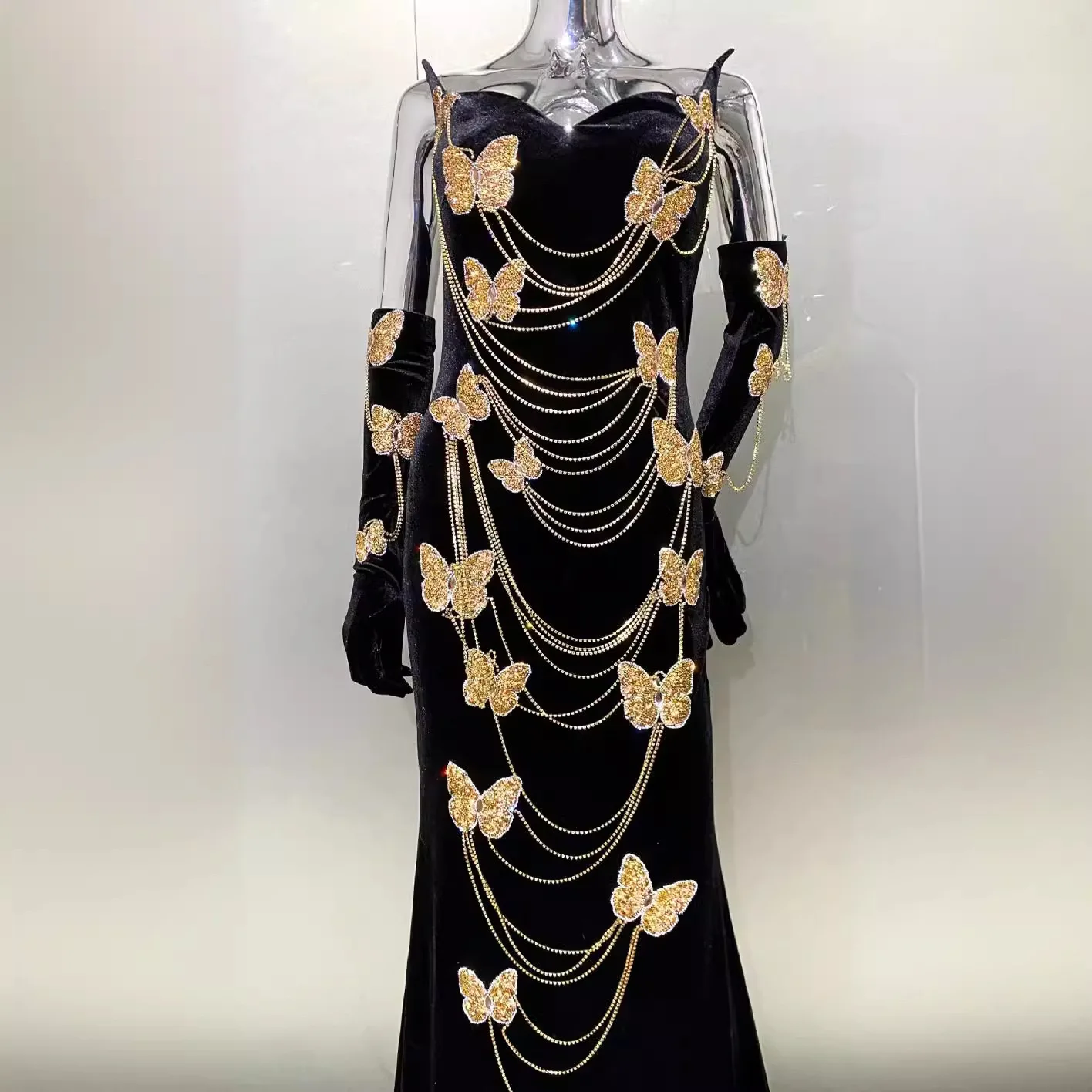 

Fashion Oversleeve Golden Chain Black Tube Top Dress High-End Goddess Dinner Dress