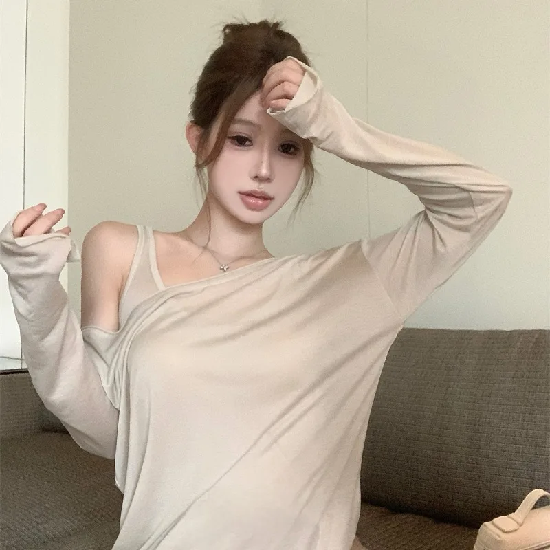 

Ранняя осень, сексуальный комплект из двух предметов с диагональным верхом и лямками, женский длинный комплект внутренней одежды Sve, повседневная футболка свободного покроя