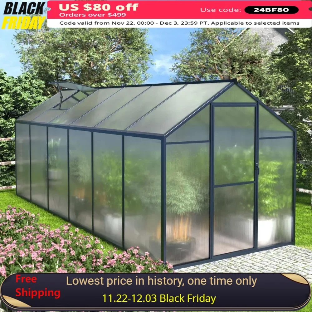 

6x12 FT Greenhouse Kit, Polycarbonate Aluminum Walk-in Greenhouse with Lockable Door and Adjustable Roof Vent