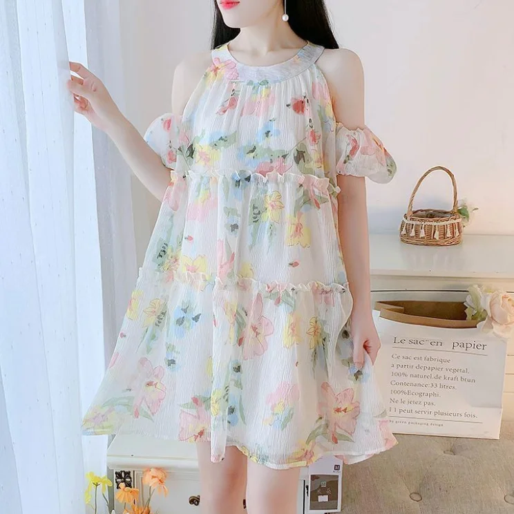 

2025 Women's Fashion Spring Summer Hot Selling Dopamine Small Fresh Color Texture Hanging Neck Lantern Sleeve Floral Fairy Dress