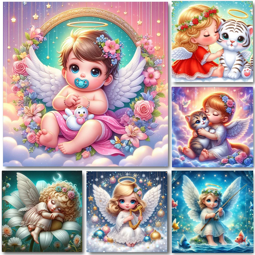 Cartoon Baby Angel 5D Full Round Diamond Painting Kits Cute Kawaii Little Angel DIY Drills Mosaic Embroidery Cross-stitch Gift