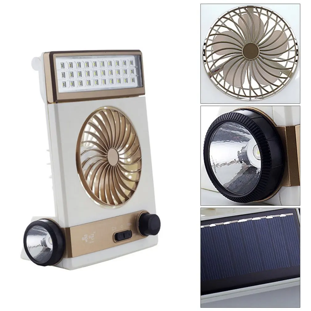 Lampu meja luar ruangan multifungsi, lampu tenaga surya luar ruangan dengan kipas senter portabel 30 LED lampu meja dapat diisi ulang daya surya kipas pendingin udara