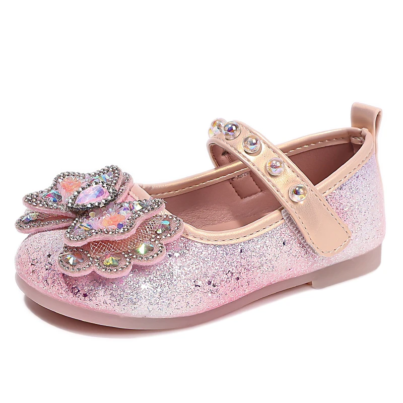 Girls Mary Jane Flat Shoes, Sparkly Glitter Princess Dress Shoes Bow Rhinestone, Toddler Little Girls Party Wedding Ballet Flats
