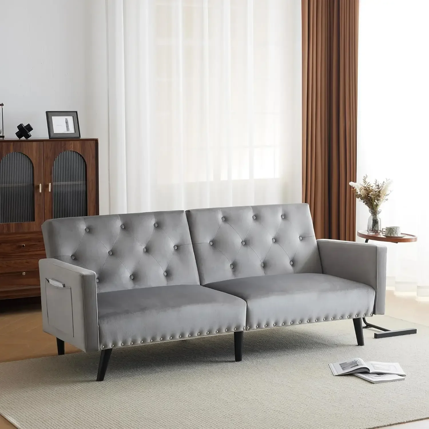 Velvet Sofa Bed with Storage Pocket Modern Nailhead Inlay and Button Tufted Chaise Lounge for Living Room, Guest Room, Bedroom