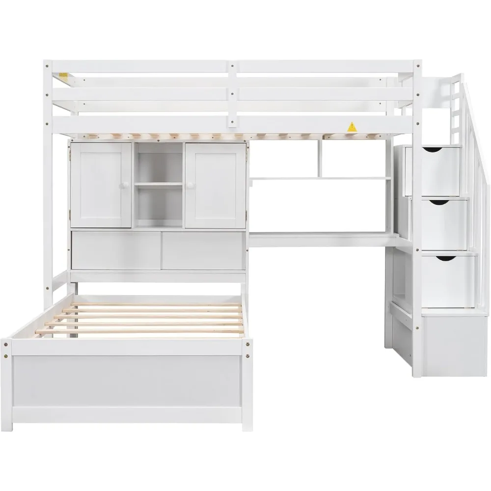 Twin Over Twin Bunk Bed with Stairs and Desk, Solid Wood Loft Bed with Storage Shelves and Drawers, Stairway Bunk Bed Frame