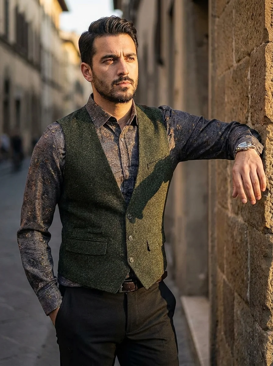 Men Herringbone Tweed Waistcoat V‑Neck Wool Blend Suit Vest Multi‑Pocket Business Casual Sleeveless Gilet For Wedding Daily Wear