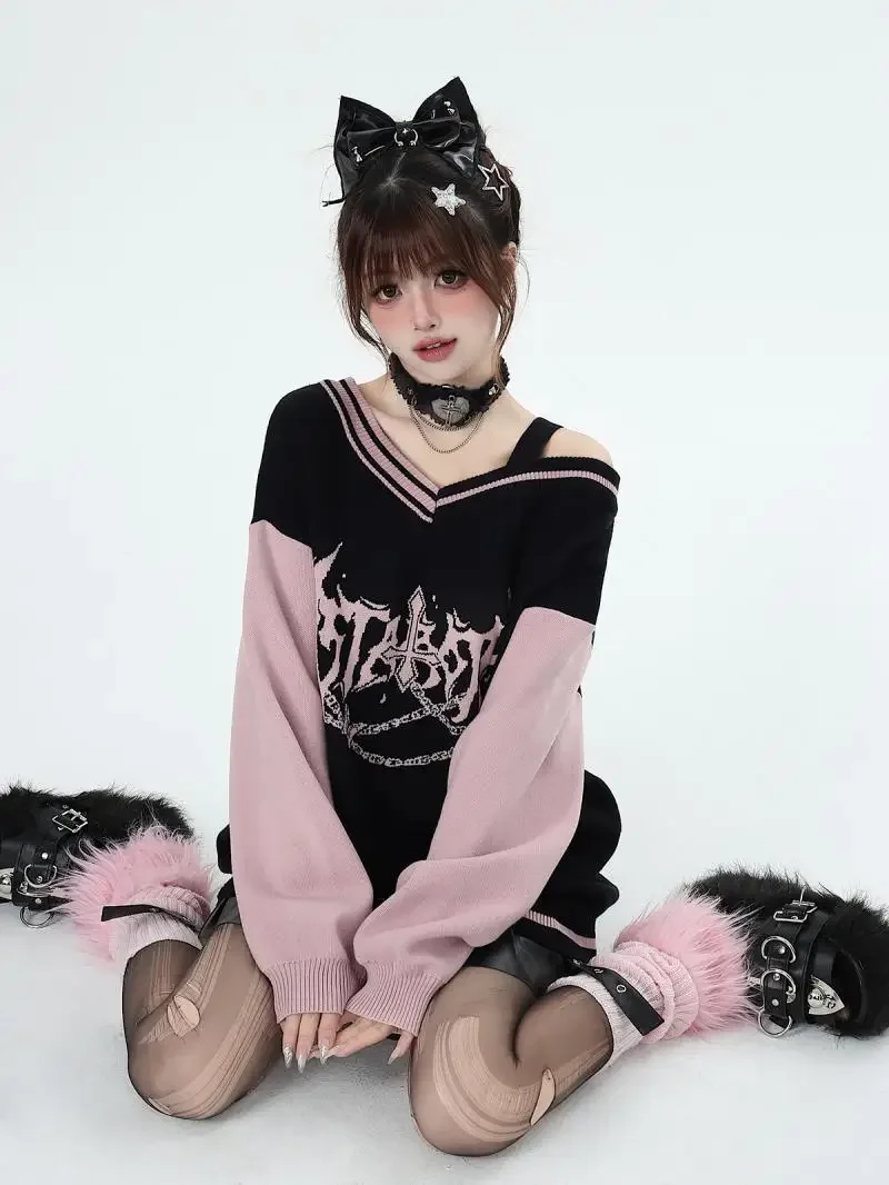 Y2k Oversized Sweater Women Gothic Punk Long Sleeve Loose Top 2023 Fall and Winter New Strapless V-neck Splicing Knit Pullover