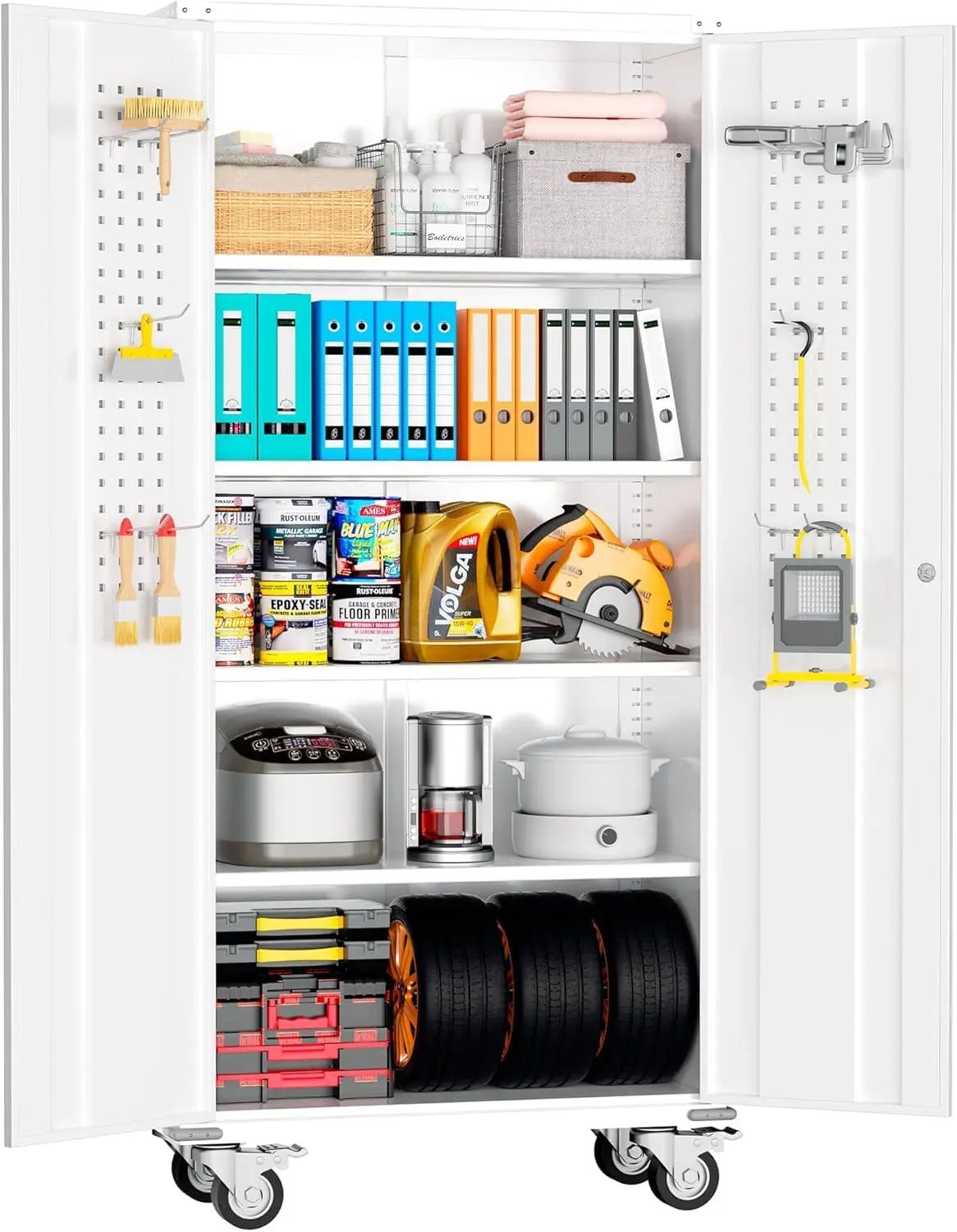 

Metal Garage Storage Cabinet, Lockable Rolling Tool Cabinet with Pegboard and Shelves, 75" Tall Heavy-Duty File