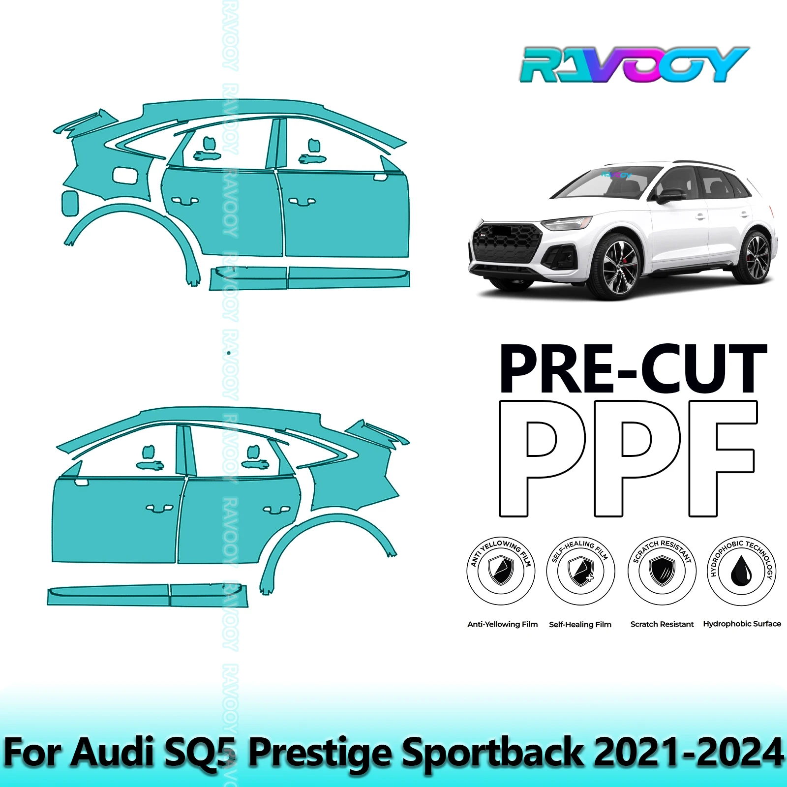 

For Audi SQ5 Prestige Sportback 2021-2024 8.5mil Clear Matte Pre-Cut PPF Door & A/B Pillar Kit TPU Paint Protection Film Set