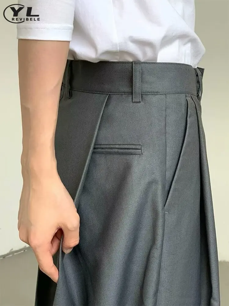 Graue Freizeit anzug Hose Männer Frühling Sommer einfarbig Baggy Fold gerade weites Bein Hosen männliche japanische Mode Vintage Hose