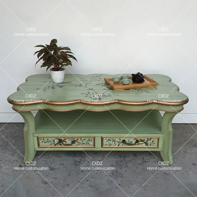 Mediterranean Retro Coffee Table for Living Room Double Layer Rectangular Storage Side Table with Painted Finish Rural Style