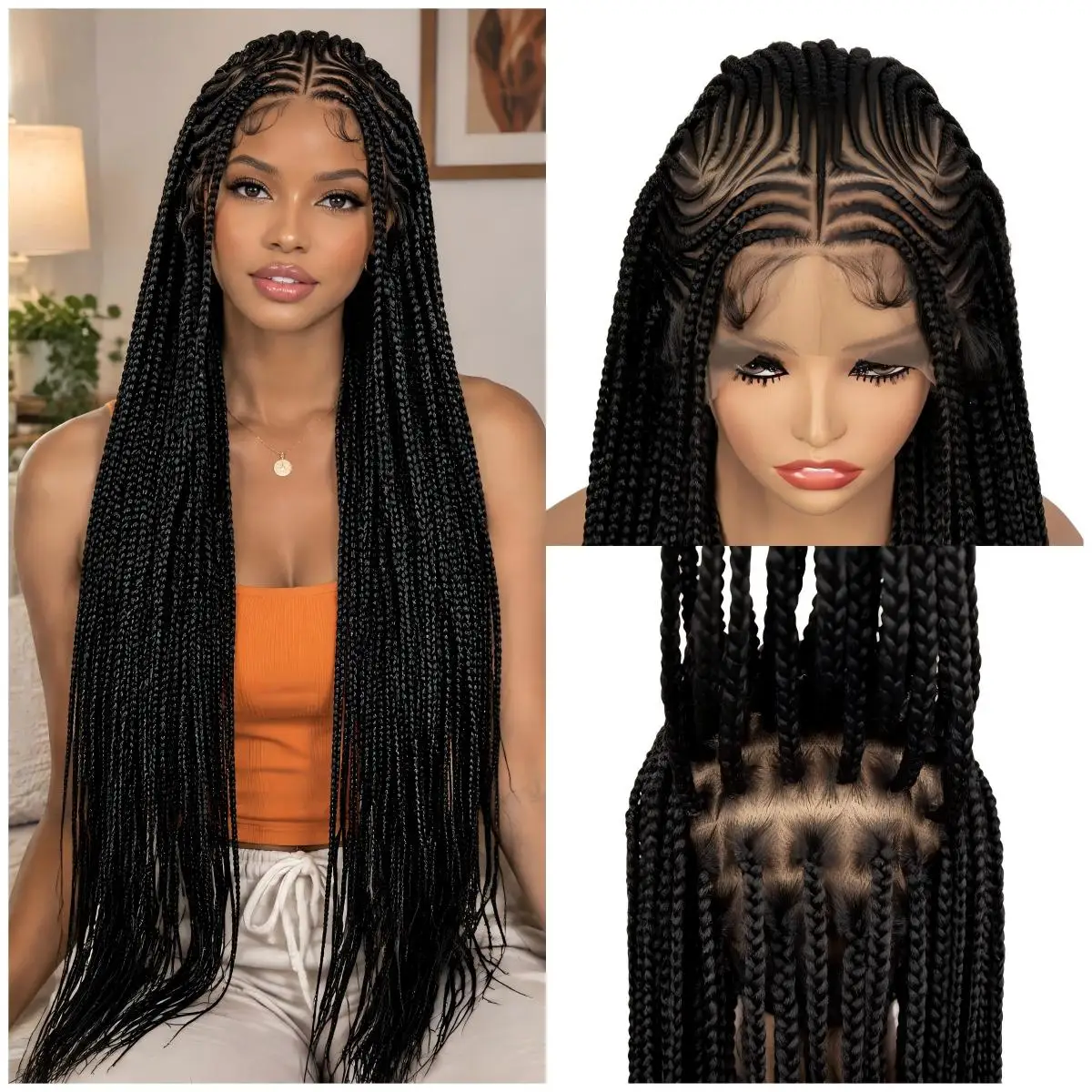 Full Lace African Braided Hair Wigs Synthetic Cornrow Knotless Box Braiding Wigs for Black Women Lace Frontal Crochet Braids Wig