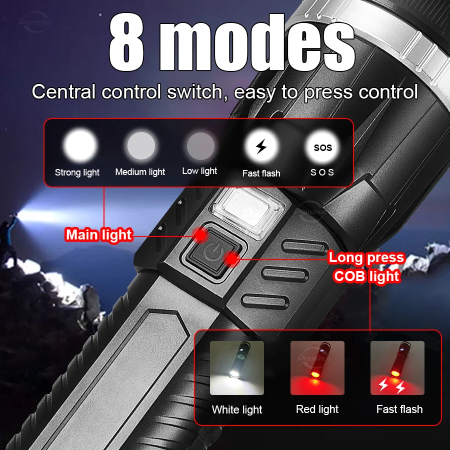 Most Poweful LED Flashlight 3800000LM Strong Light Torch Rechargeable Lamp High Power Long Shot 5km Tactical Flashlights Camping