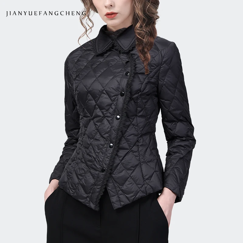 

2022 Autumn Winter Women' Turn-down Collar Down Jacket Elegant Slim Black Short Duck Down Coat Warm Lightweight Korean Jackets