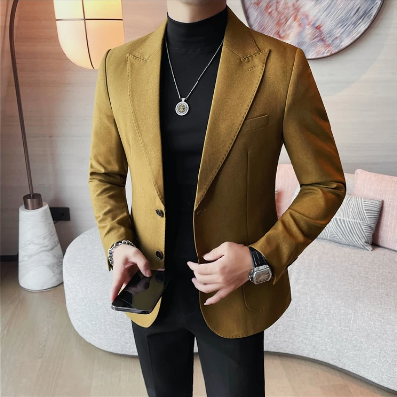 

Autumn Winter British Style Solid Color Suit Jacket Men Thick Warm Casual Business Blazers Slim Fit Social Banquet Party Coats