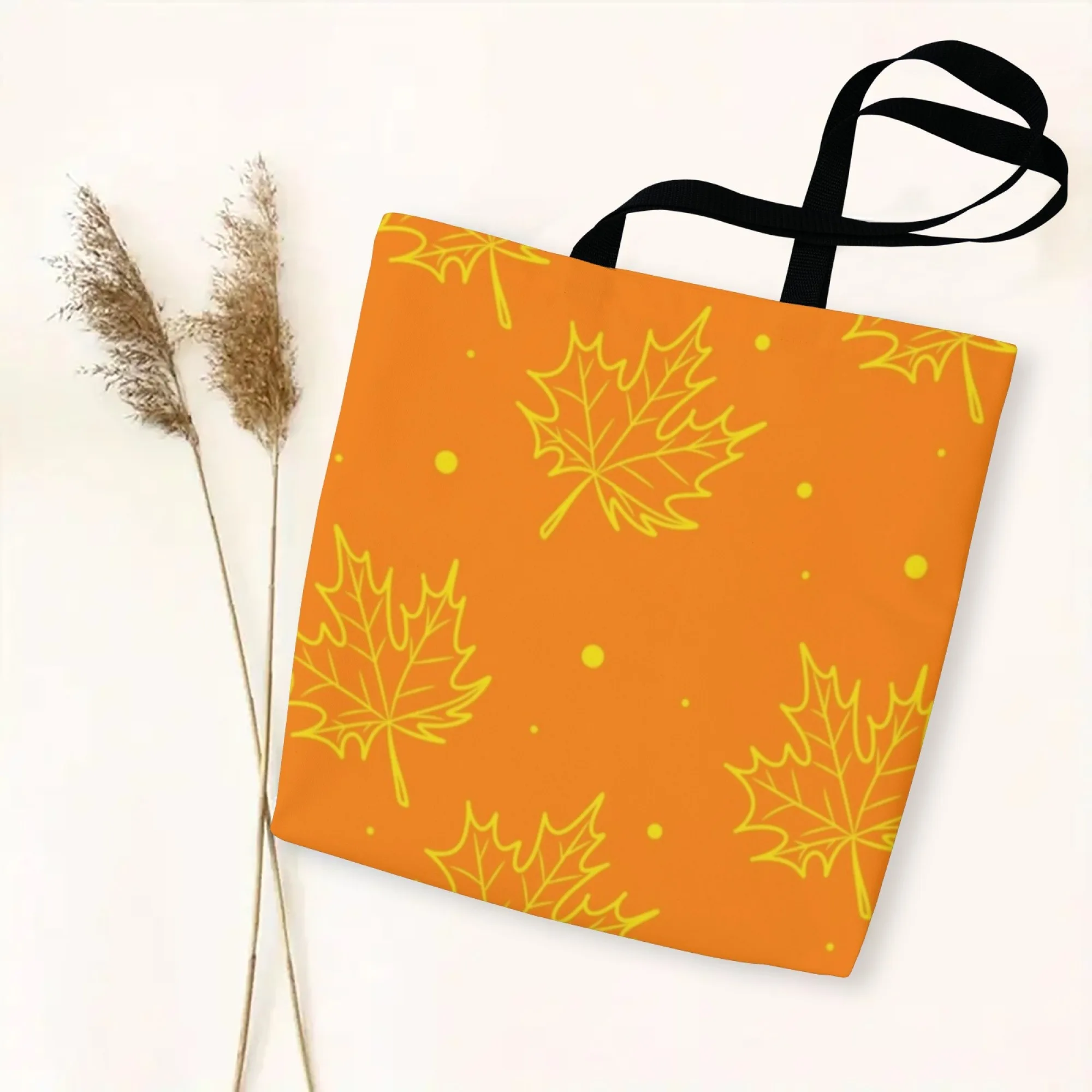 حقيبة تسوق نسائية بسيطة لمهرجان الخريف من قماش القيقب باللون البرتقالي الذهبي على شكل أوراق شجر للاستخدام اليومي للعمل والشارع