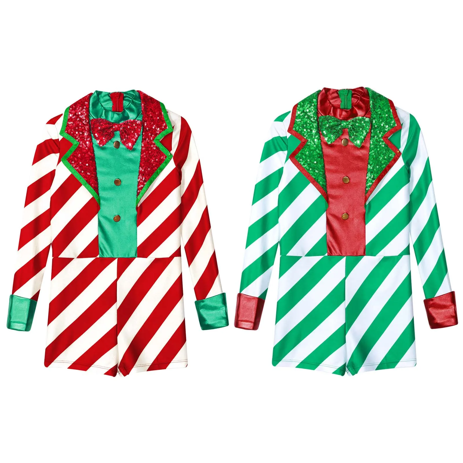 Meisjes Kerst Candy Cane Kostuum Lange Mouw Pailletten Bowtie Hals Dans Jumpsuits Vakantie Gestreepte Gymnastiek Unitard Body