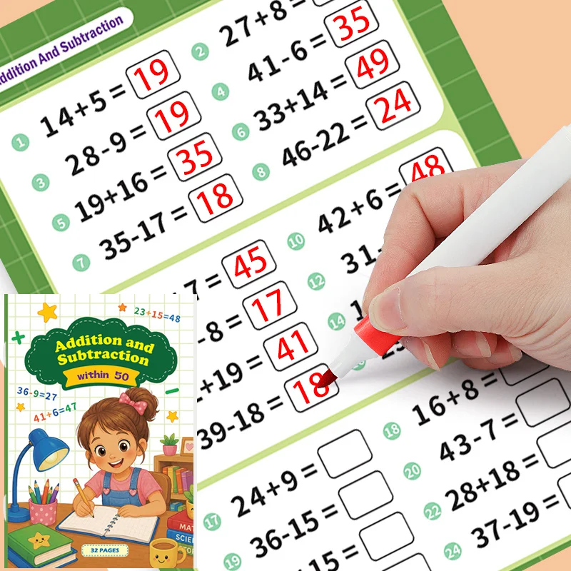 Arithmetic Exercise Book for Addition and Subtraction Within 50, 32 Pages Math Oral Calculation English Arithmetic Problem