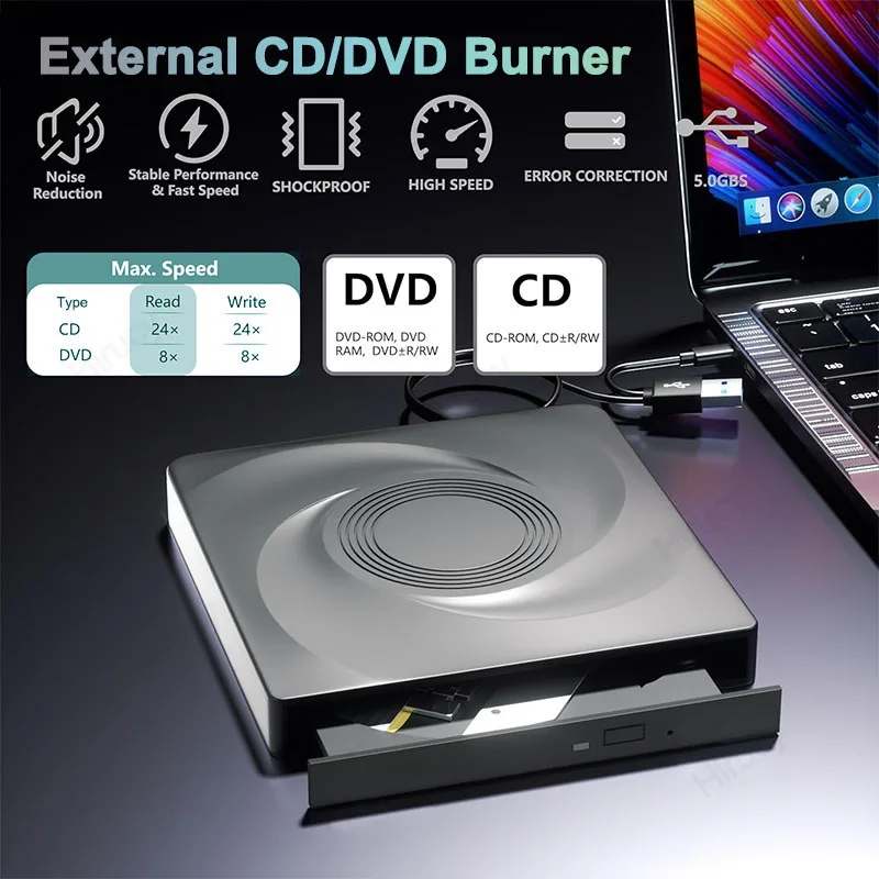 USB 3.0 Portable External Optical Drive CD DVD -/+RW Player Reader Burner for Laptop PC Computer Notebook Windows 11 10 Mac