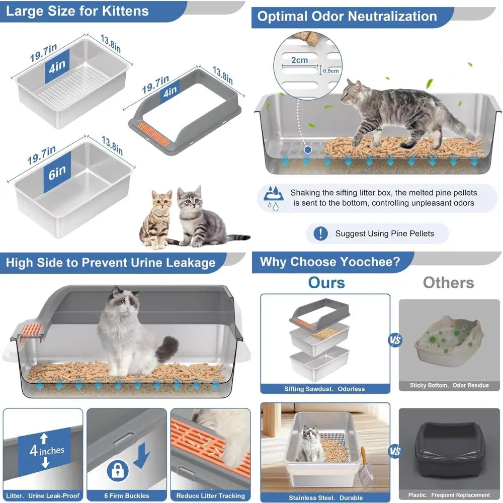 

Большой металлический лоток для кошек с крышкой, идеально подходит для сосновых гранул, с контролем запаха, в комплекте с вкладышами и совком.