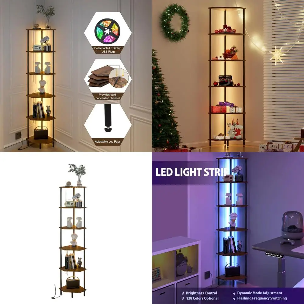 

6-Tier LED-lit Standing Bookshelf Organizer, Rustic Brown and Black, Ideal for Home Decor in Bedrooms, Living Rooms, and Kitchen