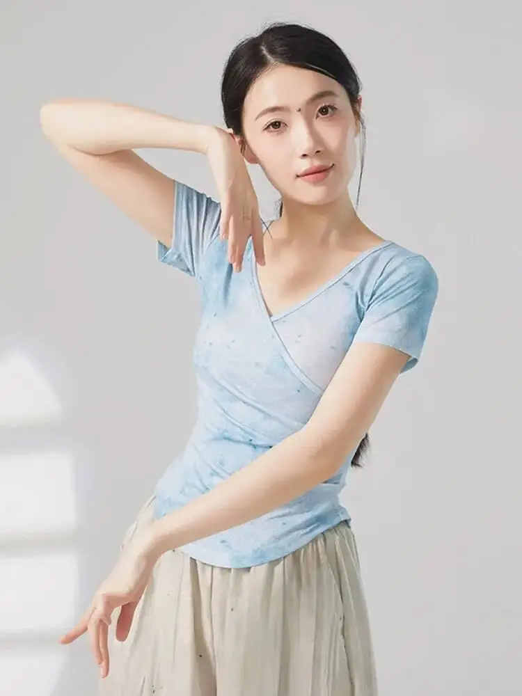 Tie Dye V คอแขนสั้น SLIM FIT Dance TOP ผู้หญิงโมเดิร์นร่วมสมัยบัลเล่ต์แจ๊สฝึก STAGE Performance ศิลปะเสื้อ