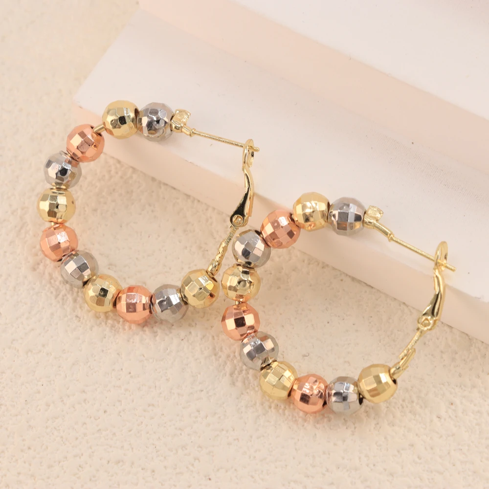 Luck Fashion Jewelry Women 14k Gold Plated Tricolor Beaded C-Shaped Hoop Huggie Statement Earrings