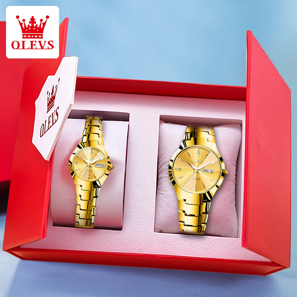 OLEVS-Reloj de pulsera de acero de tungsteno para hombre y mujer, cronógrafo luminoso, resistente al agua, con fecha y semana, caja de regalo exquisita