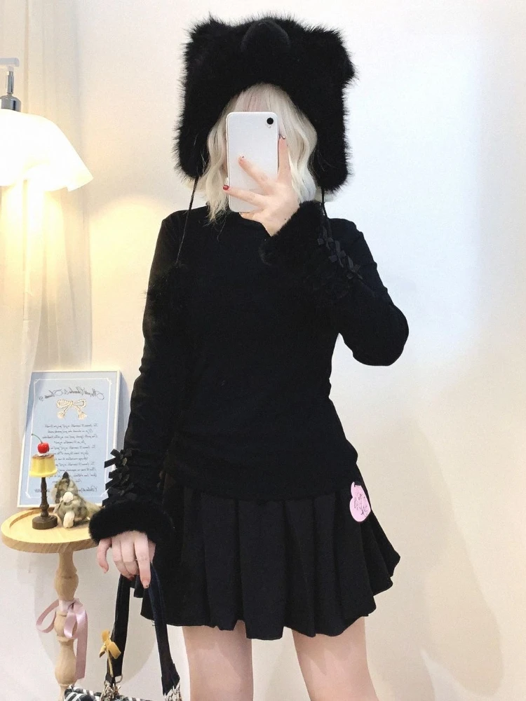 일본 니트 여성 풀오버 리본 패치워크 Y2K 감성 점퍼 로리타 레이스 퍼프 소매 귀여운 스웨터 여성 의류