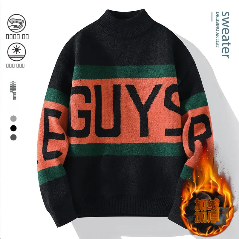 

Thiened Fce Winter Warm Sweater Stripe Color Blo Youth Trend Student round Ne Knitted Base irt Slim Fit Long Sve