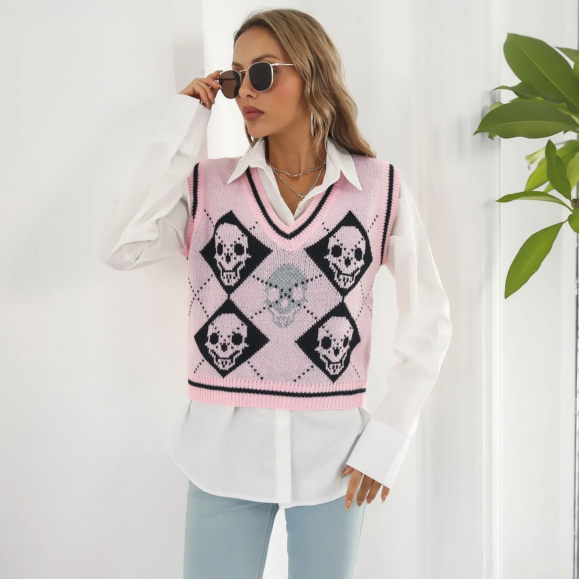 Y2K Halloween teschio jacquard gilet rombico maglione gilet da donna autunno e inverno maglioni europei e americani nuovi