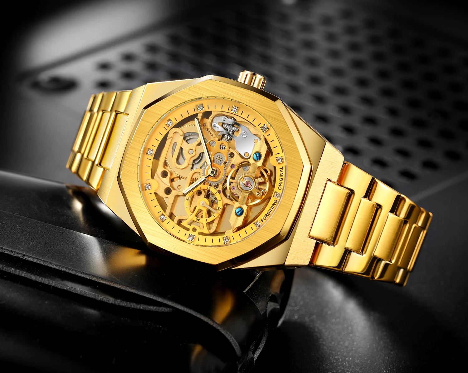 FORSINING Trendy Polygon Men Watch Skeleton Automatic Mechanical Watch Rhinestone Stainless Steel Formal Business Man Wristwatch