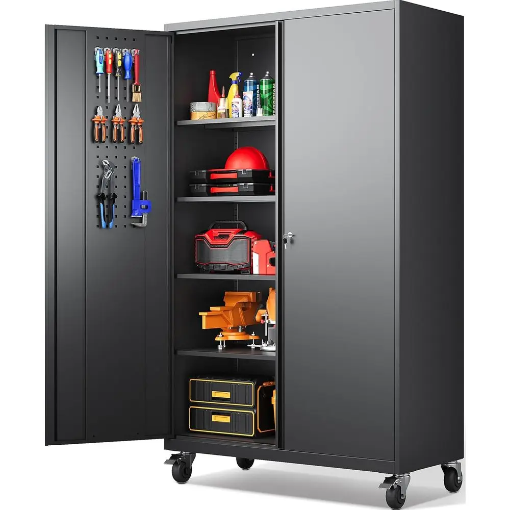 

Металлический шкаф для хранения шириной 43 дюйма, глубокий, на колесах, высокий, передвижной, с замком, для гаража, черный, с перфорированными панелями и полками