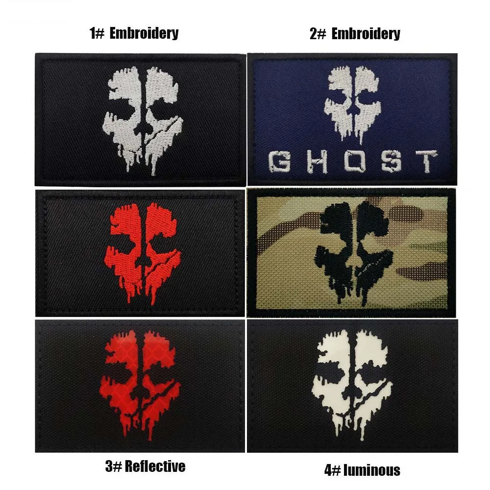 Geistergesichtsmasken-Abzeichen, Totenkopf-Stoffapplikation, Stickerei-Klettverschluss-Patches, reflektierende Patches, taktische Embleme für Rucksäcke