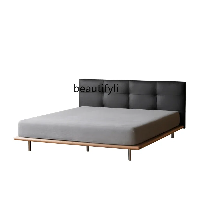 Nordic Italian Minimalist Cowhide Solid Wood Bed Leather Soft Bag Backrest Modern Light Luxury Double Bed