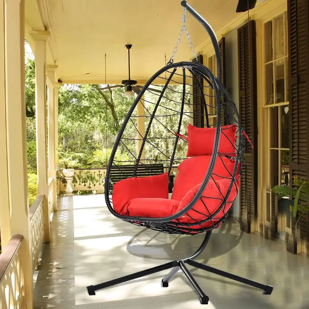 Egg Chair with Stand and UV Resistant Cushion, Indoor Outdoor Wicker Swing Egg Chair, Hammock Egg Basket Chair for bedro