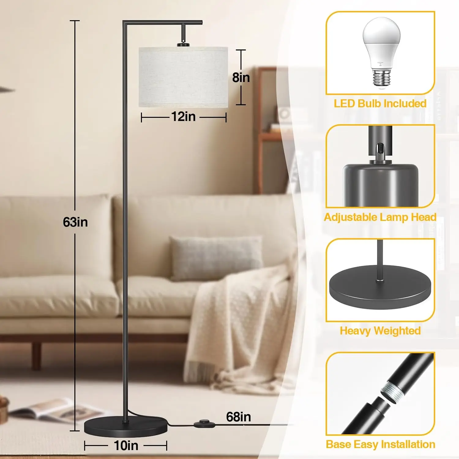 Standing Floor Lamp para sala de estar, abajur ajustável de linho bege, lâmpadas elevadas para quarto, 3 temperaturas de cor