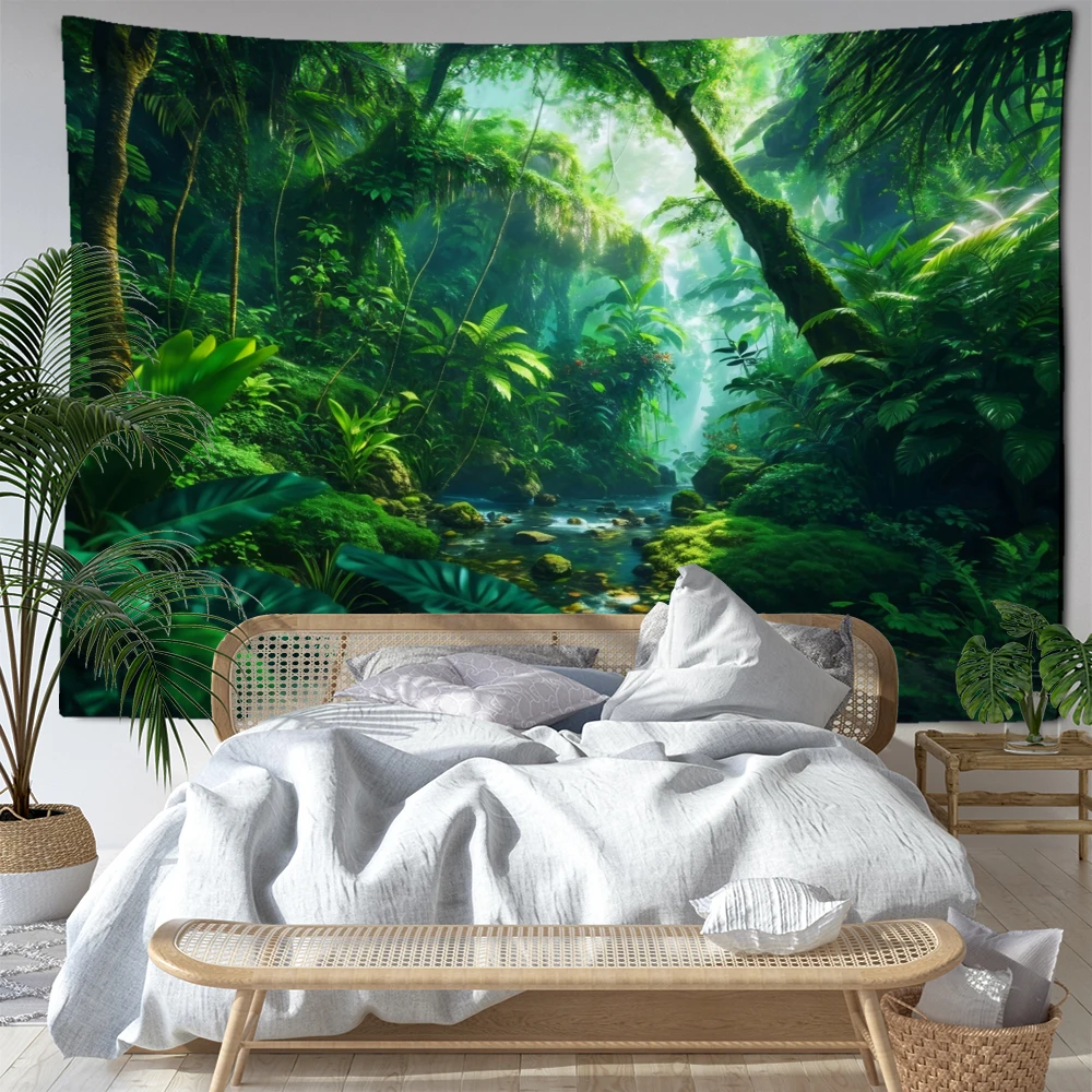 Green Tropical Forest Tapestry Wall Hanging Bohemian Hippie Minimalist Natural Art Room Bedroom Home Decor Background Cloth