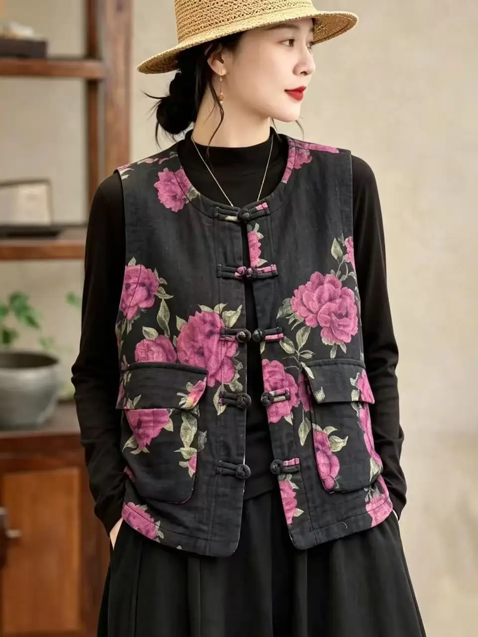 Authentic 2026 Chinese Style Floral Print round Neck Open Cardigan Vest Loose Fit Fashionable Women's Outerwear Polyester Fiber