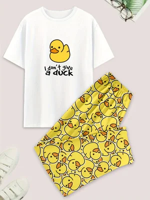 Men's casual pajama set, duck-print short-sleeved T-shirt, and pants, comfortable summer clothing