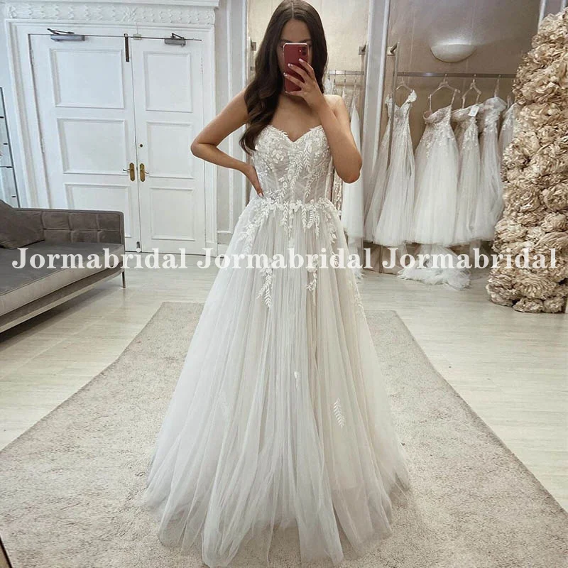 

Full Length Boho Wedding Dresses Sweetheart Neckline Lace Appliques Beach Bridal Gowns for Women Summer Wedding suknia ślubna